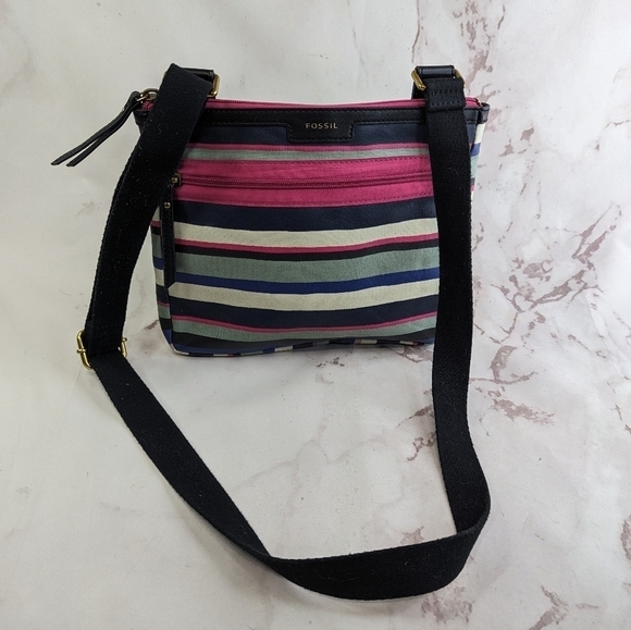 Fossil Eliza Black Multi Stripe Crossbody Messenger Bag Purse Pink Dots Stripes - Picture 16 of 16